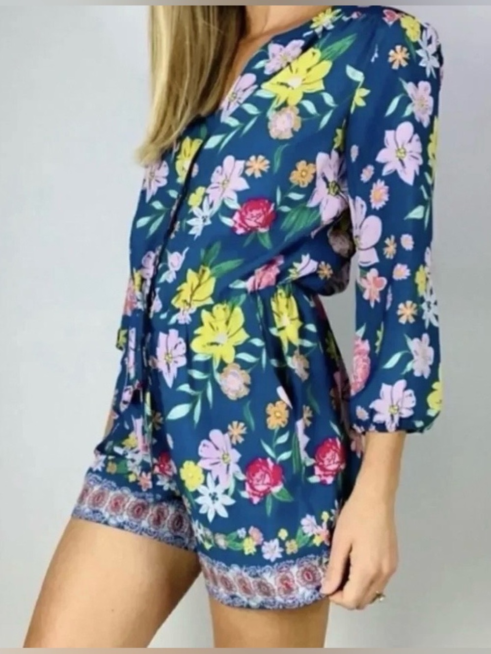 Tabitha Webb Boho Floral Print Romper With Pockets and 3/4 Sleeves Size:10 NWOT